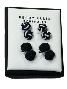 Perry Ellis 2-Piece Set Woven Silk Knots Men's Cufflinks NIB Black